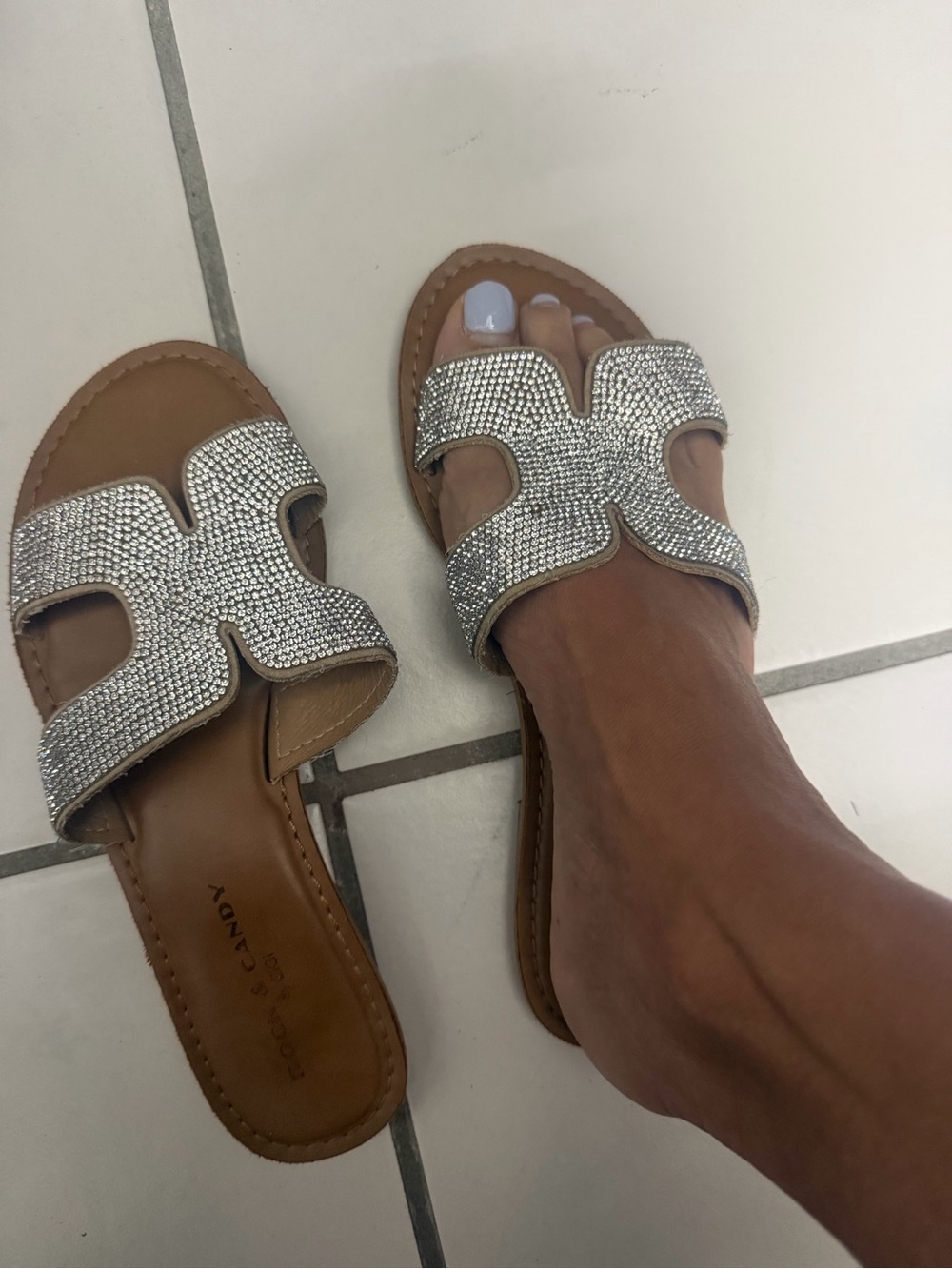 Rhinestone Slide Sandals in Silver with Tan Footbed - Women